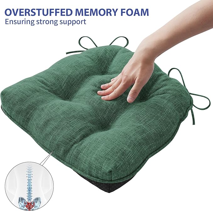 Chair Cushions for Dining Chairs Set of 4, Kitchen Chair Cushions, Chair Pads with Ties Non Slip Backing, Christmas Room Decor, Tufted Memory Foam Seat Cushion 4 Pack, 15.5x15.5x4, Dark Green