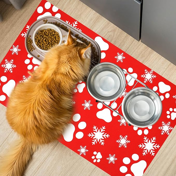 Christmas Pet Mat Red White Snowflake Dog Claw Mat Absorbent Dog Bowl Mats for Food and Water Xmas Winter Pet Supplies, 11.8 x 19.7 in
