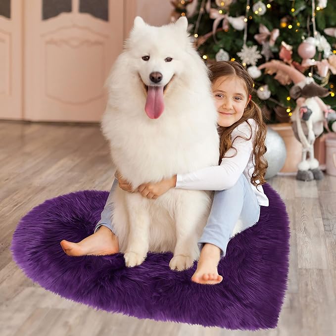 uxcell Heart Shaped Rugs for Bedroom,Small Aesthetic Carpet Girls,Cute Shaggy Floor Mirror Mat,Pastel Furry Throw Rug 2.3ftx3ft, Purple