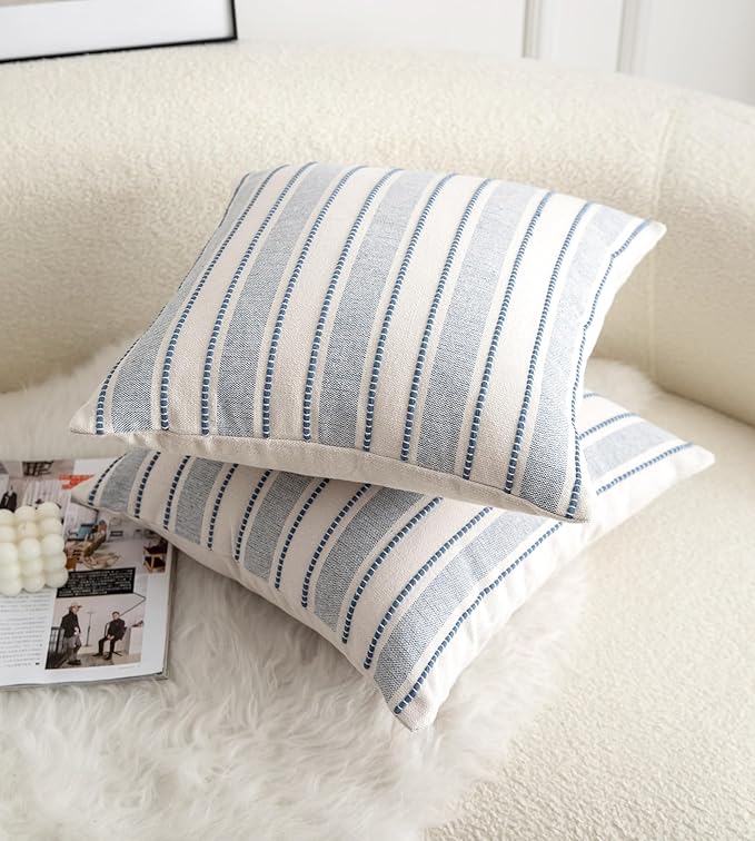 Decorative Boho Throw Pillow Covers, Farmhouse Textured Pillow Case, 18 x 18 Inch Set of 2, Chair Sofa Bedroom Living Room Home Decor Couch Cushion Case, Classic Blue and Beige Striped