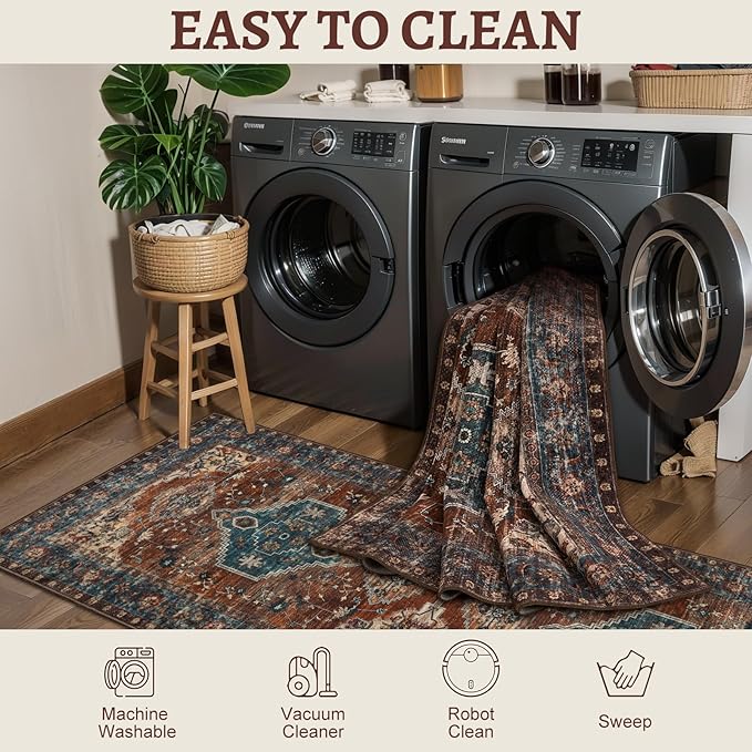 Tangsoo 2.6x10 Washable Hallway Runner Rug, Non Slip Vintage Runner Rug for Hallways, Soft Low Pile Long Rug Runner, Print Distressed Carpet Runners for Kitchen Bedroom Entryway Living Room