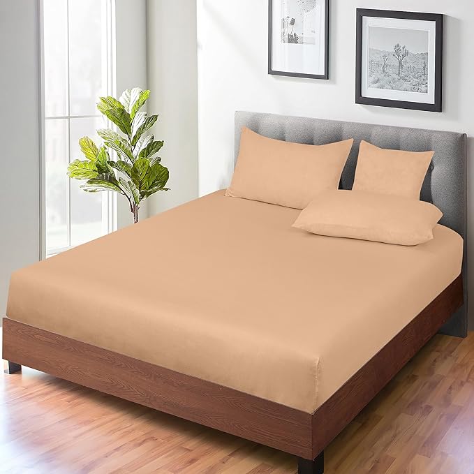 ROYALE LINENS 300 Thread Count 100% Long Staple Combed Cotton Fitted Sheet Queen - Super Soft Deep Pocket Bottom Sheet - Fitted Sheets Only - Elastic Sheets (Queen, Sand)