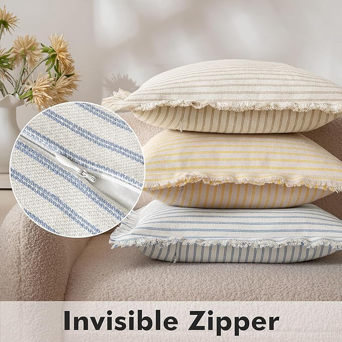 MIULEE Pack of 2 Light Blue Pillow Covers 20x20 Inch Striped Farmhouse Couch Spring Throw Pillow Covers with Fringe Chic Cotton Decorative Cushion Covers for Sofa Living Room Bed Outdoor Home Decor
