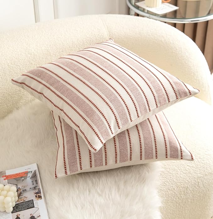 Decorative Boho Throw Pillow Covers, Farmhouse Textured Pillow Case, 22 x 22 Inch Set of 2, Chair Sofa Bedroom Living Room Home Decor Couch Cushion Case, Rust and Beige Striped
