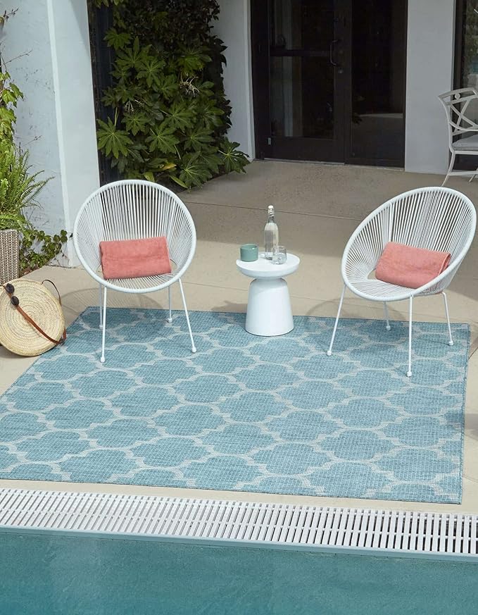 Unique Loom Outdoor Trellis Collection Area Rug - Trellis (Square 10' 8" x 10' 8", Aquamarine/ Gray)