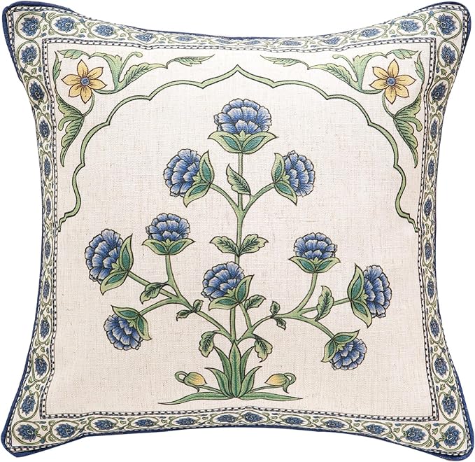 patdrea Designer Throw Pillow Covers,Blue Euro Elegant Linen with Blooming Floral Pattern Pillow Cover,Decorative Square Pillowcases Cushion for Bed Living Room Outdoor Car,18"x18"