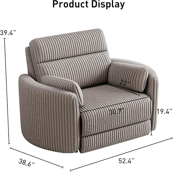 Bonzy Home Oversized Electric Recliner Chair for Adults with Extra-Wide Seat Cushion, Overstuffed Corduroy Power Recliner, Modern Round Single Sofa with 2 Pillows for Living Room, Bedroom, Grey