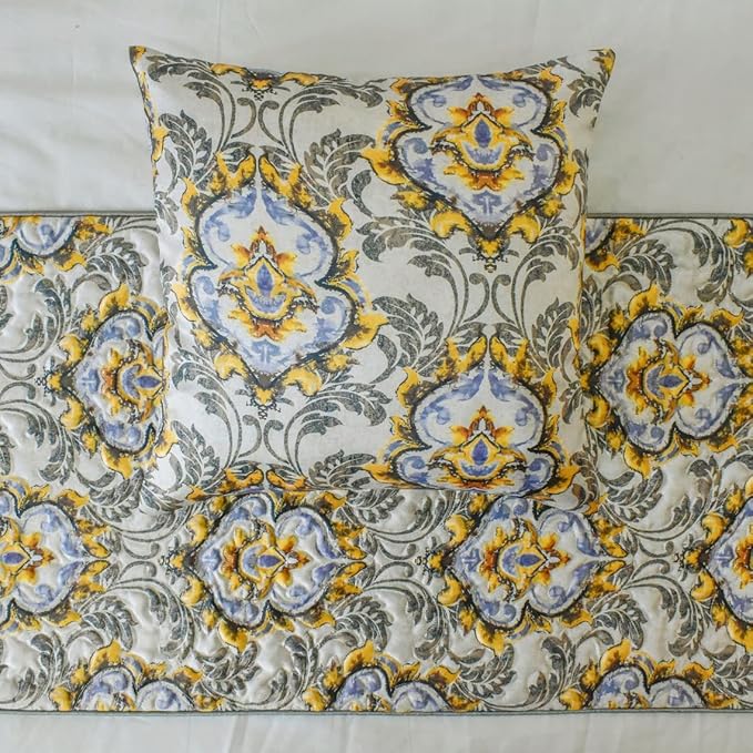 The HomeCentric King/Queen/Twin Grey Decorative Twin 53"x18" Bed Runner with Pillow Cover, Quilted, Damask & Tassels Bed Scarf on Jacquard Fabric - Damask Blaze