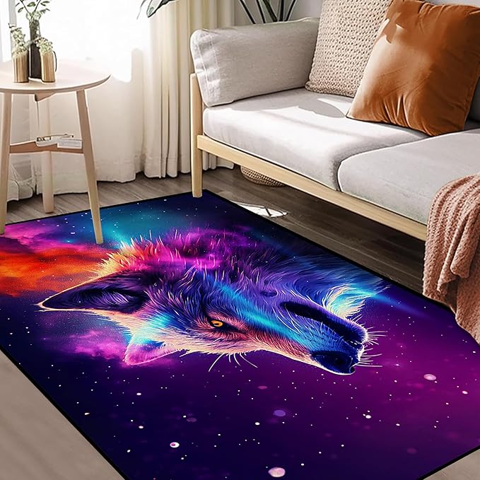 Galaxy Wolf Rug 3D Fierce Wolves Area Rugs for Bedroom Living Room Playroom Gameroom Boys Kids Colorful Glitter Throw Rugs Floor Mat Carpet 47 in X 31 in