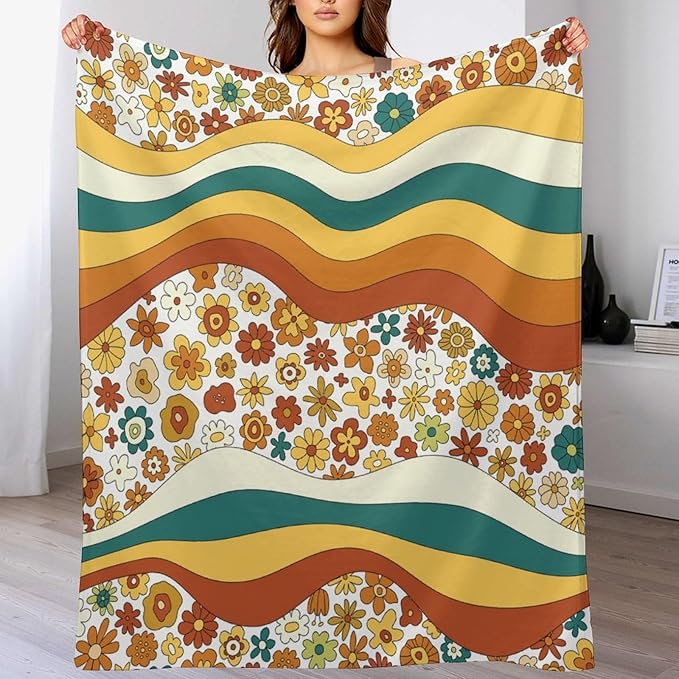 70s Retro Floral Throw Blanket, Boho Groovy Wavy Geometric Hippie Cute Flowers Yellow Orange Abstract Print Blanket for Holiday Theme Home Decor Bedding Couch and Gift 40"x50"