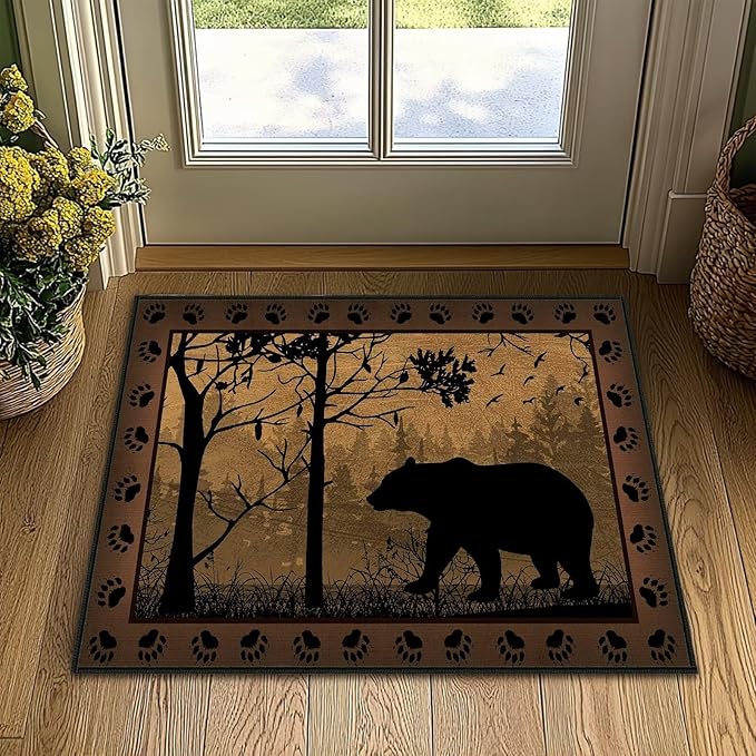 Vintage Entryway Rug 2x3 Washable Kitchen Rug Ulta-Thin Non-Slip Low Pile Indoor Entrance Door Mat,Bear Country Cabin Wildlife Throw Rugs Rustic Small Accent Rugs for Front Door,Bathroom,Bedroom