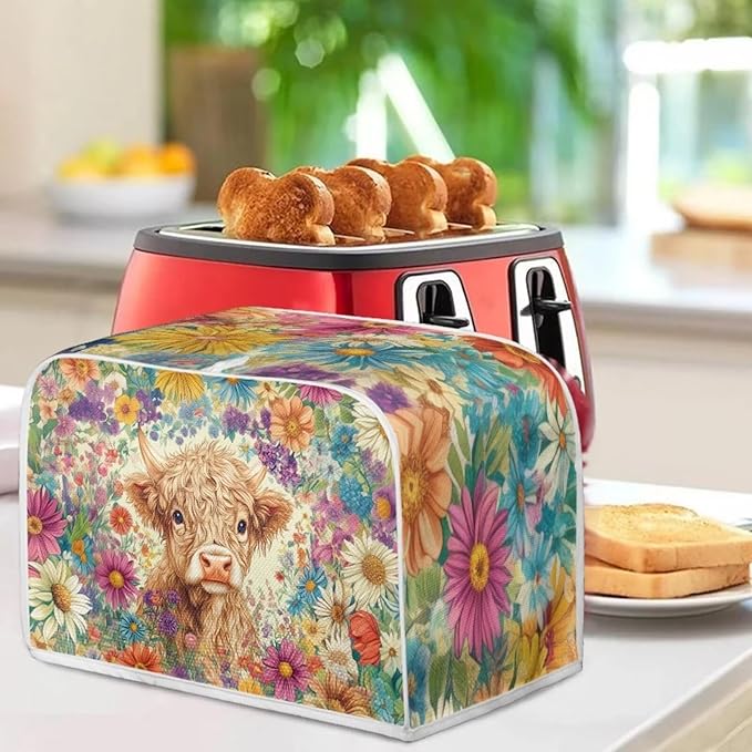 ZFRXIGN Flower Highland Cow Toaster Covers 2 Slice Toaster Dust Cover Hippie Toaster Bag Kitchen Appliance Covers Toaster Oven Dustproof Cover Washable Western Cattle Toaster Cover