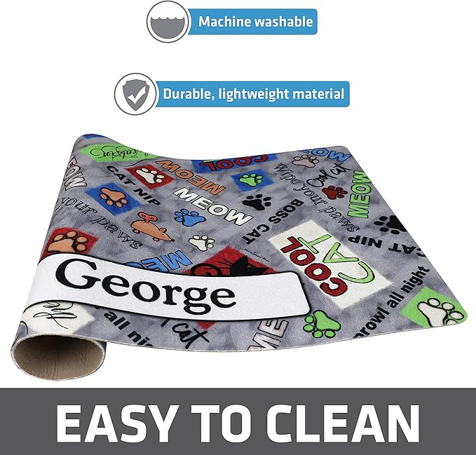 Drymate Personalized Pet Bowl Placemat, Custom Dog & Cat Food Feeding Mat - Absorbent Fabric, Waterproof Backing - Machine Washable/Durable (USA Made) (12" x 20") (Cool Cat - Grey)