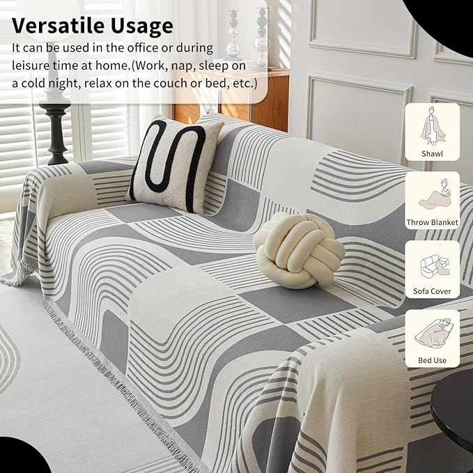 Boho Couch Cover Sofa Covers Washable, Chenille Couch Covers for 3 Cushion Couch Sofa Pet Friendly, Bohemian Sofa Slipcovers for Sectional Sofa, Loveseat, 2 3 4 Seater (91" x 150", Grey)