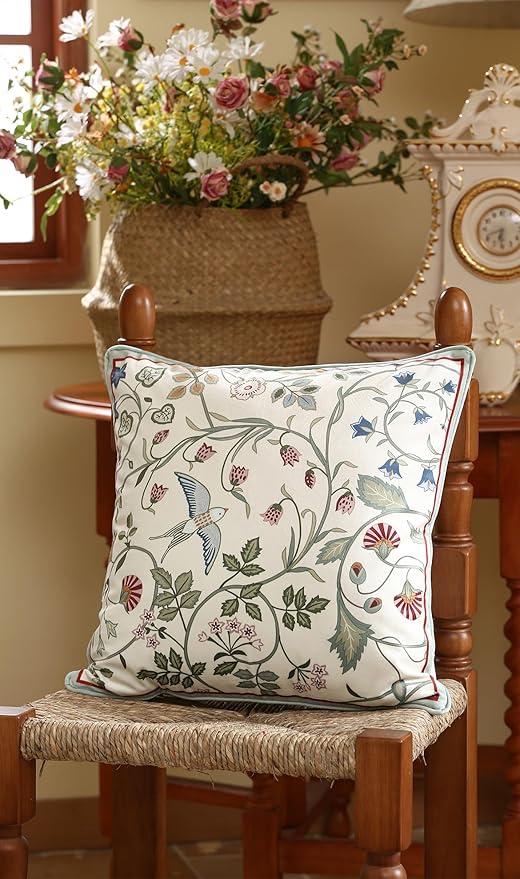 Square Throw Pillow Covers Pack of 2,Green Cozy Velvet Farmhouse with Birds and Flowers Pattern Pillowcases,Decoration Pillows Cushion Covers for Couch Sofa Bed Car Chair,18"x18"