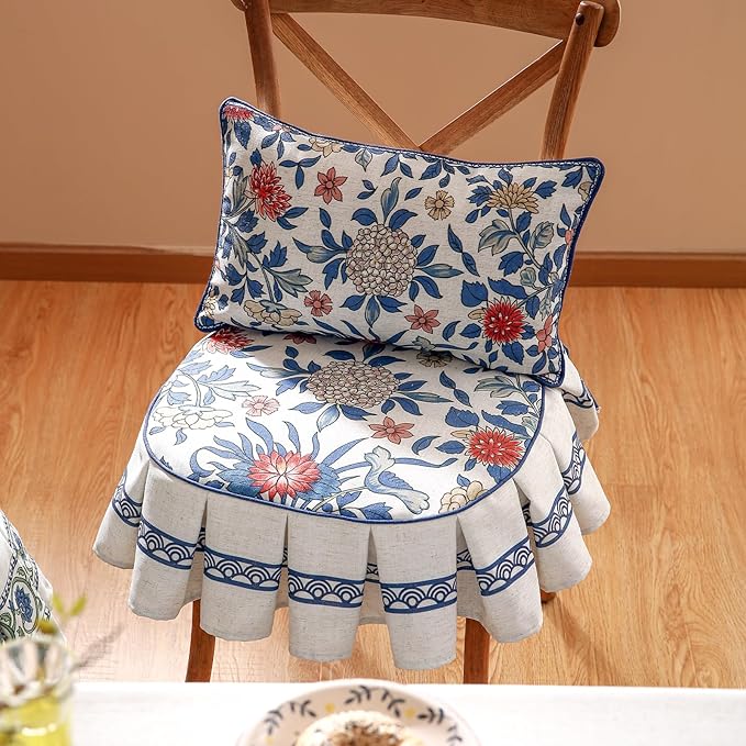patdrea Pack of 2 Chair Cushions for Dining Chairs with Ruffled, Blue Floral Ivar Seat Cushion with Ties,Non Slip Chair Pads Decor for Bar Stool Cushions, Indoor Kitchen Chairs, 17.7"x17.7"