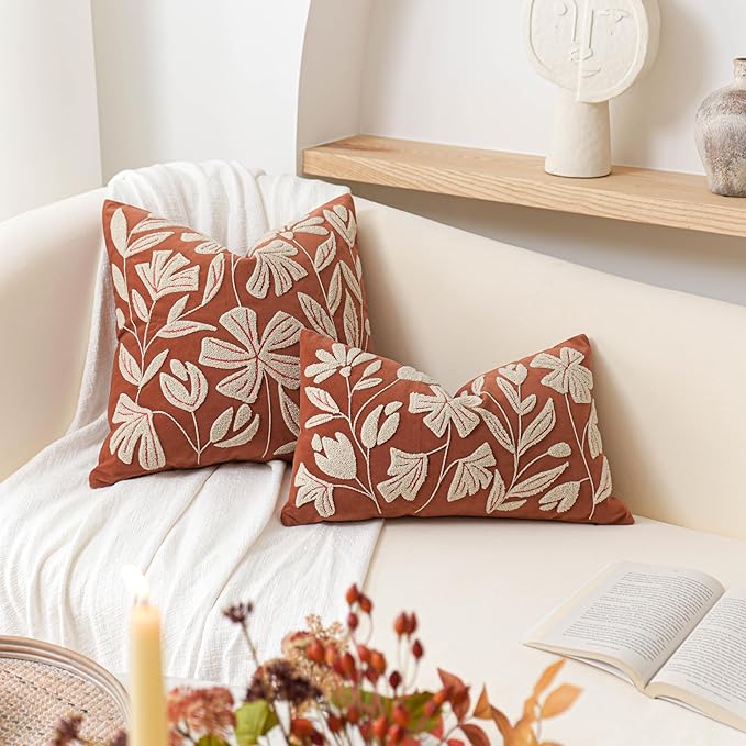 BlissBlush Fall Throw Pillow Cover 20x20, Rust Brick Red Soft Velvet Floral Decorative Accent Throw Pillowcase, Tufted Farmhouse Pillowcase for Couch Sofa Living Room Home Décor