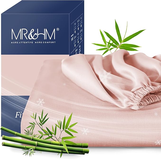 MR&HM Twin XL Fitted Sheet Only, Ultra-Soft Rayon Derived from Bamboo & Polyester Blend, Silky & Breathable, 15" Deep Pocket with Elastic Straps, Cooling Fitted Sheet for Hot Sleepers, Pink