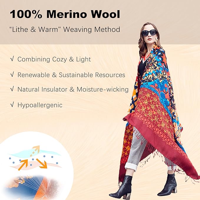 DANA XU 100% Merino Wool Pashmina Shawl for Women 96"x43", Oversized Cashmere Wrap with Tassels, Floral Travel Blanket Cape