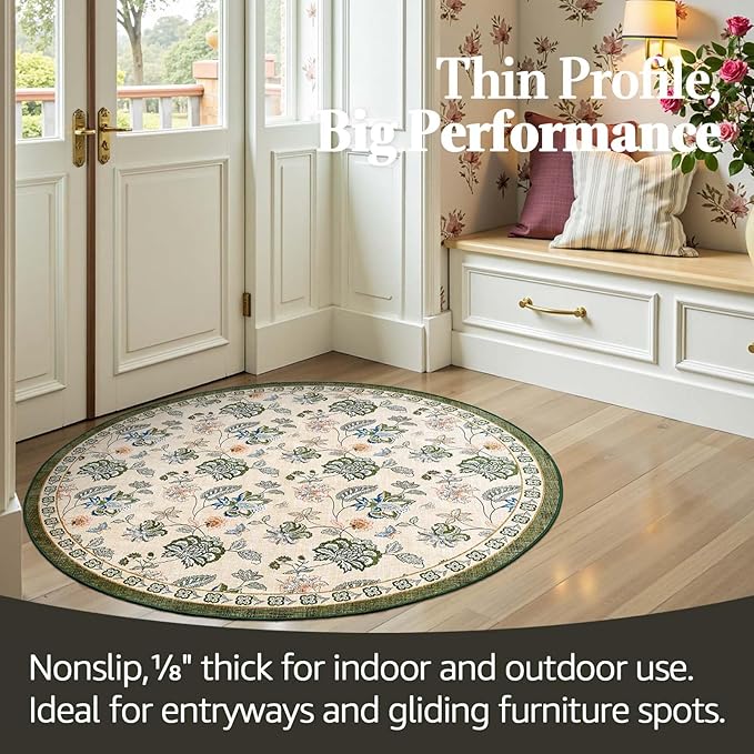 jinchan Elora 4ft Floral Round Rug for Entryway Washable Rug Vintage Romance Christmas Design Non Slip Indoor Doormat Lightweight Low-Profile Throw Carpet for Living Room Dining Room, Green/Beige