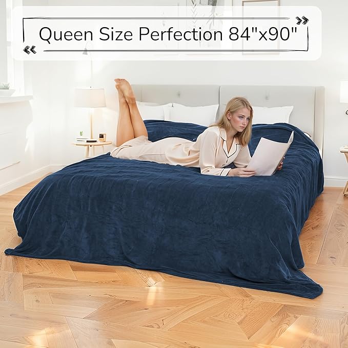 Electric Heated Blanket Queen Size 84"x90" - Dual-Sided with Microplush & Sherpa Fabric, 4 Heat Settings & 10 Hours Auto Off, Dual Controller, Machine Washable - Dark Blue