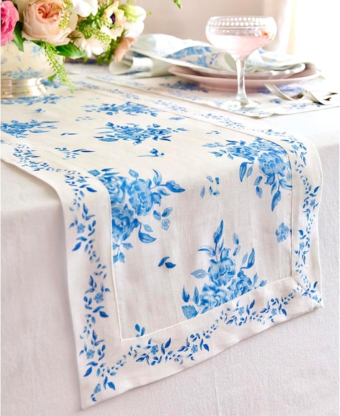 Solino Home Blue Floral Print Table Runner 48 inch - 100% Pure Linen Table Runner 14 x 48 Inch - Handcrafted and Machine Washable - Jolie Fleur Print