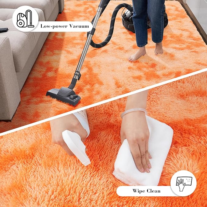 Mottling Orange Fluffy Rug Shaggy Area Rug, 9x12 Area Rugs for Girls Bedroom, Big Soft Shaggy Bedside Non-Slip Plush Dorm Nursery Kids Carpet Home Decor Aesthetic
