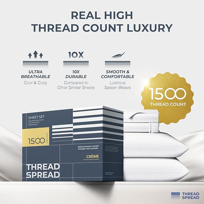 THREAD SPREAD 100% Egyptian Cotton Sheets California King Size - 1500 Thread Count 4 PC Cal King Sheets Egyptian Cotton, Soft, Cooling Sateen Sheet, High Thread Count Sheet California King - White