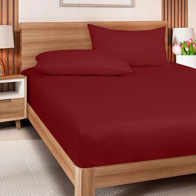 ROYALE LINENS 300 Thread Count 100% Long Staple Combed Cotton Fitted Sheet California King - Super Soft Deep Pocket Bottom Sheet - Fitted Sheets Only - Elastic Sheets (Cal King, Red)