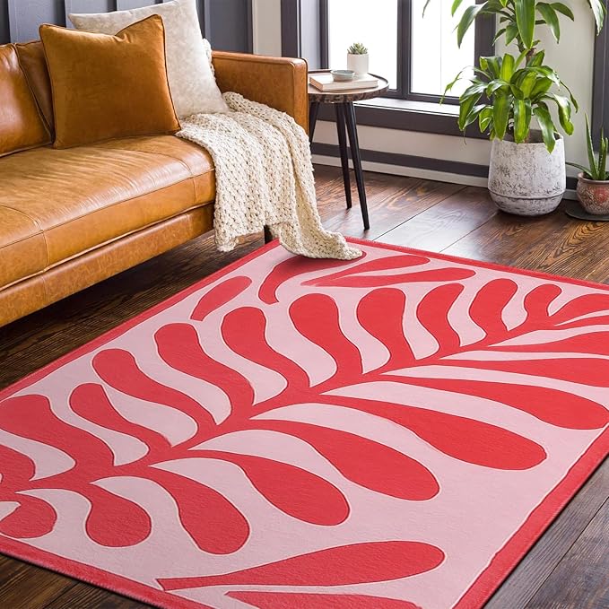 9CH Abstract Matisse Leaf Area Rug 7' X 5 Pink Retro Botanical Faux Wool Rugs Non-Slip Boho Flowers Soft Floor Carpet for Kitchen Entryway Bedroom