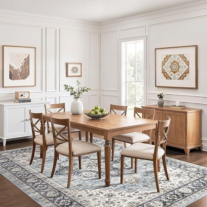 7x9 Area Rug Living Room: Washable Boho Large Neutral Vintage Soft Rugs Stain Resistant Farmhouse Non-Slip Indoor Floor Carpet for Bedroom Nursery Kids Playroom Office Dining Room- Blue Tan