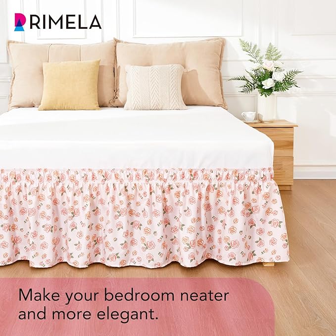 RIMELA Pastel Rose Bed Skirt Queen Size 15 Inch Drop, Elastic Bed Skirting for Bed Frame, Bedding Dust Ruffle Easy to Install, Lightweight Wrap Around Adjustable Bedskirt,Bedroom Decor