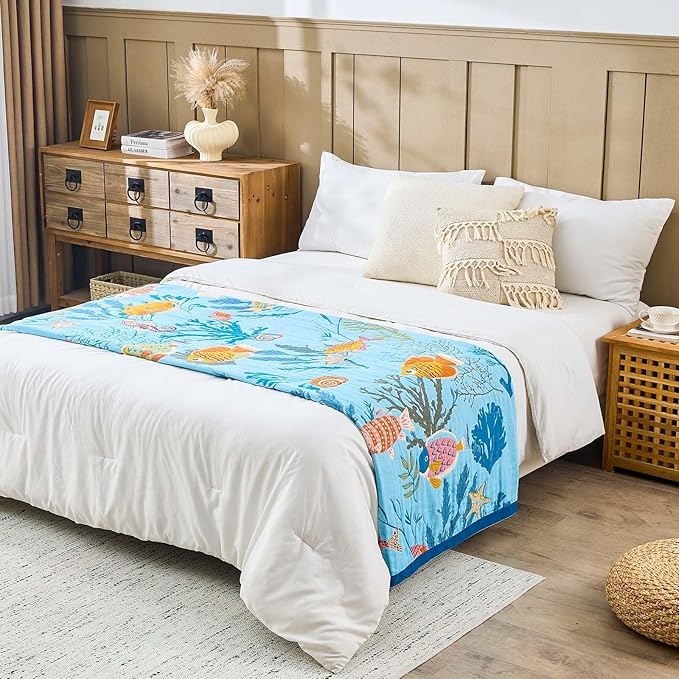 Blue Boho Blanket, 80"x90" Soft Farmhouse Decorative Throw Blanket, 100% Cotton Reversible Vintage Muslin Quilt Bohemian Decor Woven Blanket All Season Blankets for Sofa Couch Chair