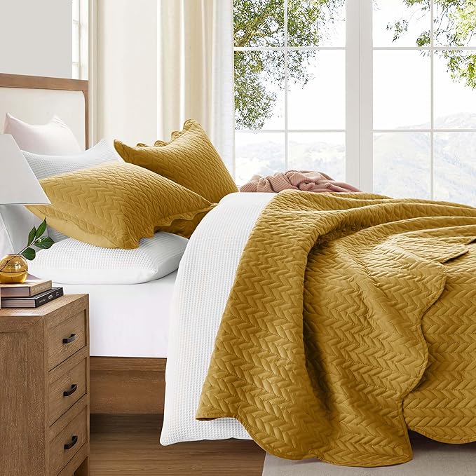 IR Imperial Rooms California King Quilt Bedding Set Size (118"x106") + 2 Pillow Shams (20" x 36"+ 2") - 3 Pcs All Season Reversible Microfiber Coverlet Embossed Quilt Bedspread (Ochre)