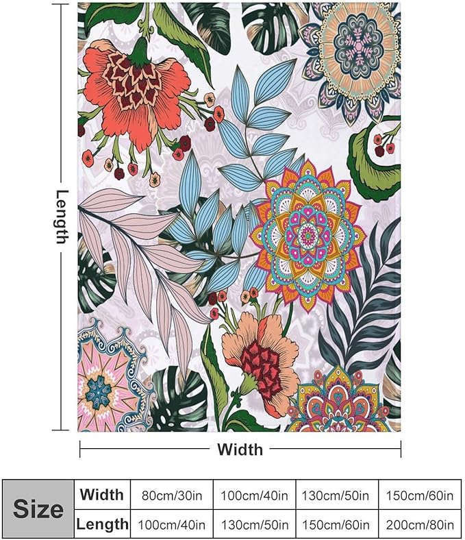Boho Flowers Blanket for Women Girls, Rustic Bohemian Mandala Palm Leaves Plants Botanical Print Blanket for Bedroom Living Room Couch Sofa, 60"x80"