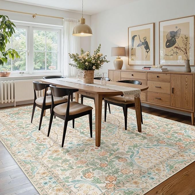 MUJOO 8x10 Area Rugs,Floral Washable Rugs for Living Room Dining Room Bedroom,Large Throw Carpet,Boho Non Slip Indoor Floor Big Soft Neutral Vintage Ultra-Thin Light Green and Beige