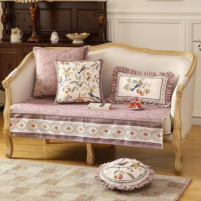 Pink Farmhouse Round Throw Pillow Covers, Birds and Flowers Pattern Cozy Velvet Pillowcases,Decoration Pillows Cushion Covers for Couch Sofa Bed Car Chair,Diameter 16"
