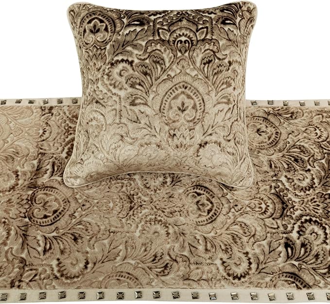 The HomeCentric King/Queen/Twin Beige Decorative Full 68"x18" Bed Runner with 2 Pillow Cover, Velvet Damask & Crystal Border Bed Scarf on Velvet Fabric - Henriretta