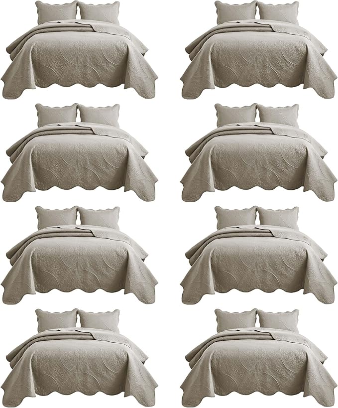 IR Imperial Rooms 8 Pack Quilt King Size Bedding (106" x 96") - Bulk Wholesale for Hotels, Guest Bedroom & Airbnbs - Lightweight Microfiber Reversible Floral Embossed Quilts Bedspreads (Beige)
