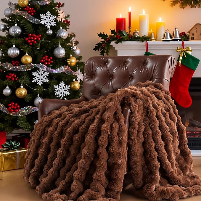 Lotus Karen Faux Fur Throw Blanket Dark Coffee - Big Bubble Rabbit Fluff Blanket for Couch Bed Sofa,Softest Fluffy Fuzzy Cozy Blanket,Thick Furry Plush Shaggy Warm Blankets for Women,50x60 Inches