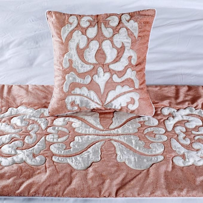 The HomeCentric Luxury Peach & Ivory Twin 53 x 18 inch Bed Runner Without Pillow Cover, Velvet Applique Bed Scarf, Abstract Modern - Peach Elegance