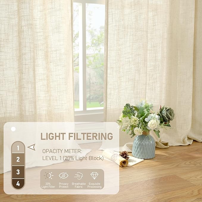 LAMIT Natural Linen Curtains 120 Inch for Living Room, Back Tab and Rod Pocket Linen Textured Sheer Curtains Light Filtering Drapes for Farmhouse/Bedroom, 2 Panels, 52 x 120 Inch, Beige