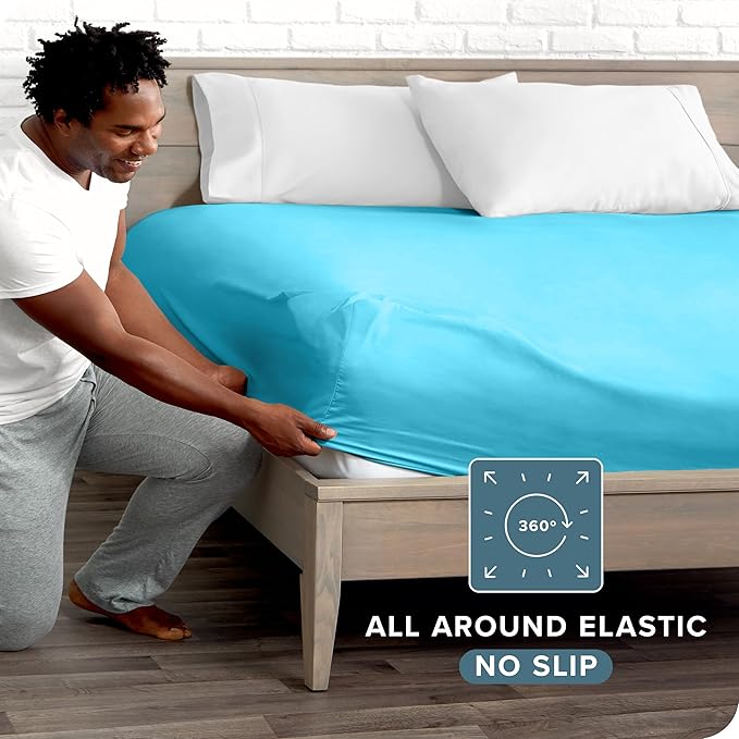Bare Home Fitted Bottom Sheet Queen Size - Premium 1800 Microfiber - Ultra-Soft Hotel Luxury - Deep Pocket - Durable and Long Lasting (Queen, Aqua)
