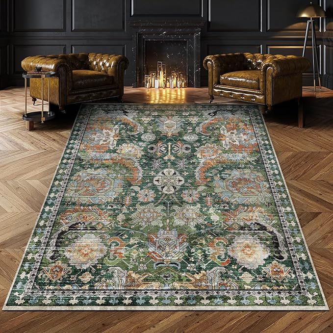 RUGSURE Washable Area Rugs - Perfect for Living Room, Bedroom, Kids Room, Nursery - Stain & Water Resistant Non-Slip, Pet & Child Friendly, Vintage Tribal Area Rugs (Green, 6' x 9')