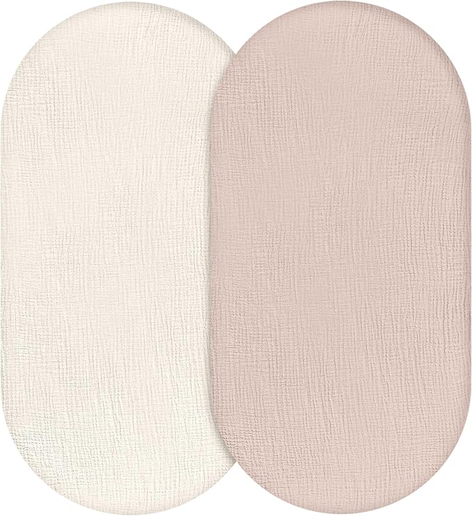 Muslin Bassinet Fitted Sheets, 2 Pack for Baby Boy and Girl, Soft Breathable Stretchy Baby Pad/Mattress Sheet Set, Universal Fit for Hourglass Oval and Rectangle Bassinet Mattress (Gentle Colors)