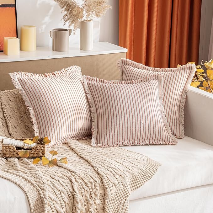 MIULEE Pack of 2 Rust Pillow Covers 24x24 Inch Striped Farmhouse Couch Throw Pillow Covers with Fringe Chic Linen Decorative Cushion Eruo Sham for Sofa Living Room Bed Outdoor Home Decor
