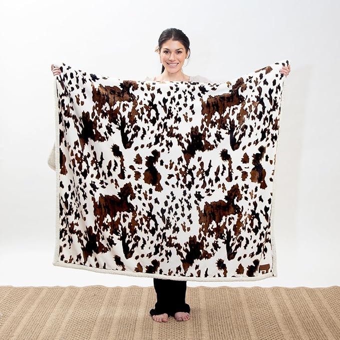 CARSTENS, INC. Wrangler Ultra Premium Super Soft Plush Sherpa Fleece Oversized Throw Blanket 54" x 68", Tri-Color Cowhide