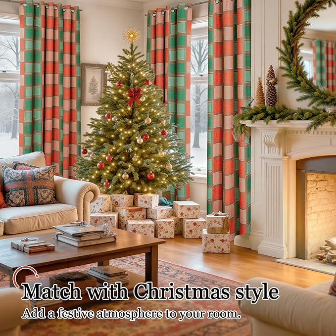 Plaid Christmas Curtains for Living Room - Boho Cottage Linen Blackout Gingham Checkered Drapes Extra Long, Farmhouse Thermal Insulated Drapery for Bedroom Winter 52x96 Inch 2 Panels, Red Green