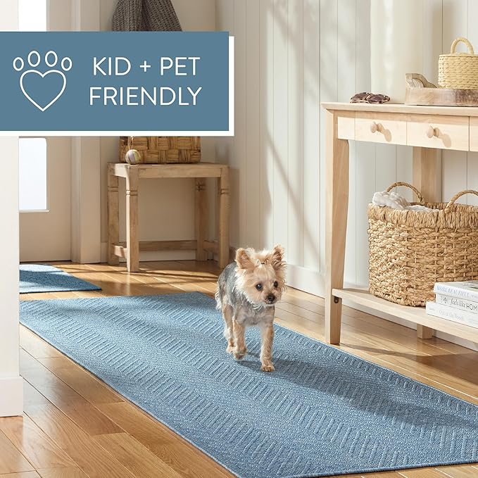 TOWN & COUNTRY BASICS Pax Herringbone Textured Solid Everwash® Washable Area Rug, Low Pile, Non-Slip Backing, Easy Clean Pet & Family Friendly Rug, Blue, 9'10"x14'