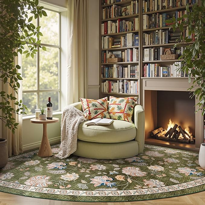 jinchan Elora Floral Corner Rug for Living Room Washable Rug Vintage Romance Christmas Design Non Slip Quarter Circle Lightweight Low-Pile Throw Carpet for Reading Nook Playroom, 8ft Radius, Green